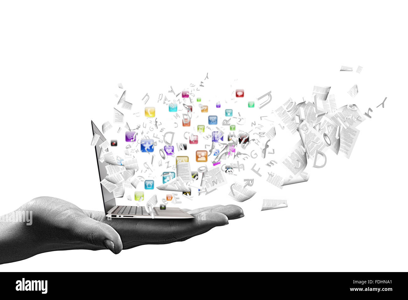 Close up of hand with laptop and media icons Stock Photo - Alamy