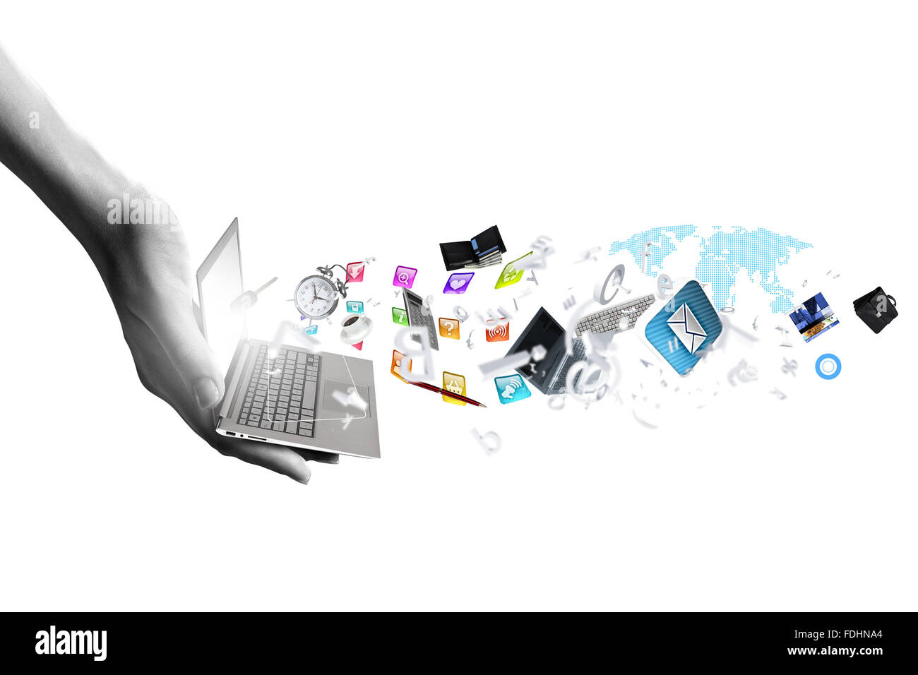 Close up of hand with laptop and media icons Stock Photo - Alamy