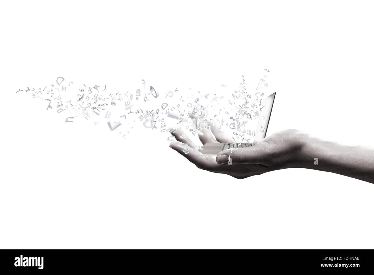 Close up of hand with laptop and media icons Stock Photo - Alamy