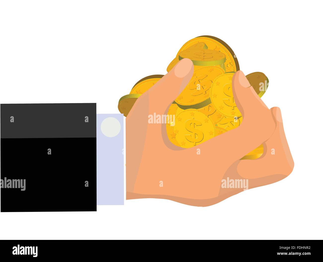 Hand grabbing more than a handful of gold coins Stock Vector