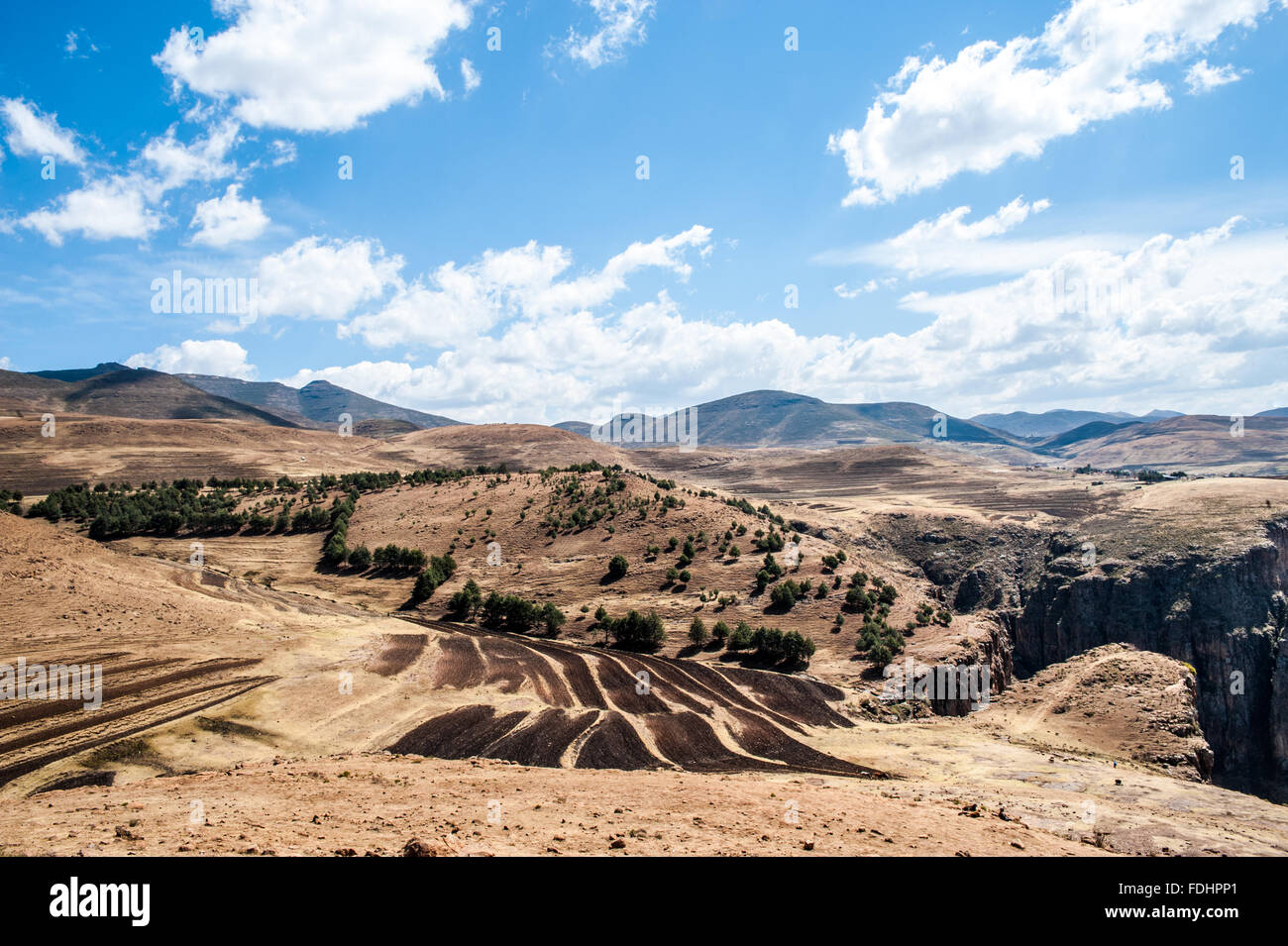 Terraced strips of farmland with mountains in the distance in Somenkong, Lesotho, Africa Stock Photo