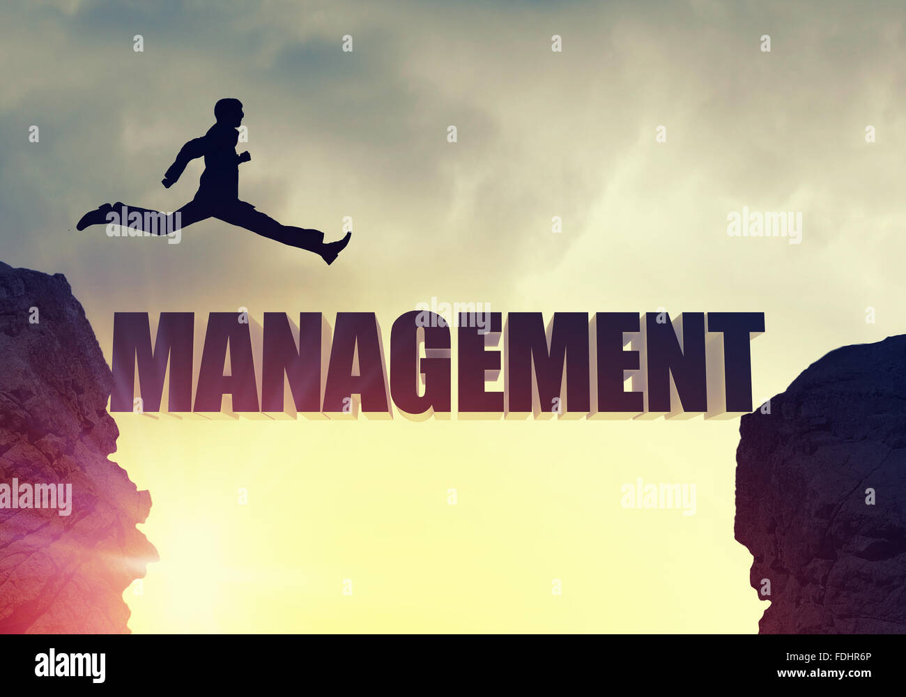 Businessman running on management word bridge over precipice Stock ...