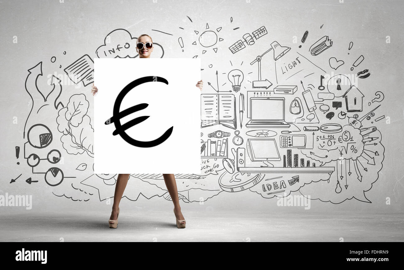 Young Woman Showing Banner With Euro Sign An Sketches At