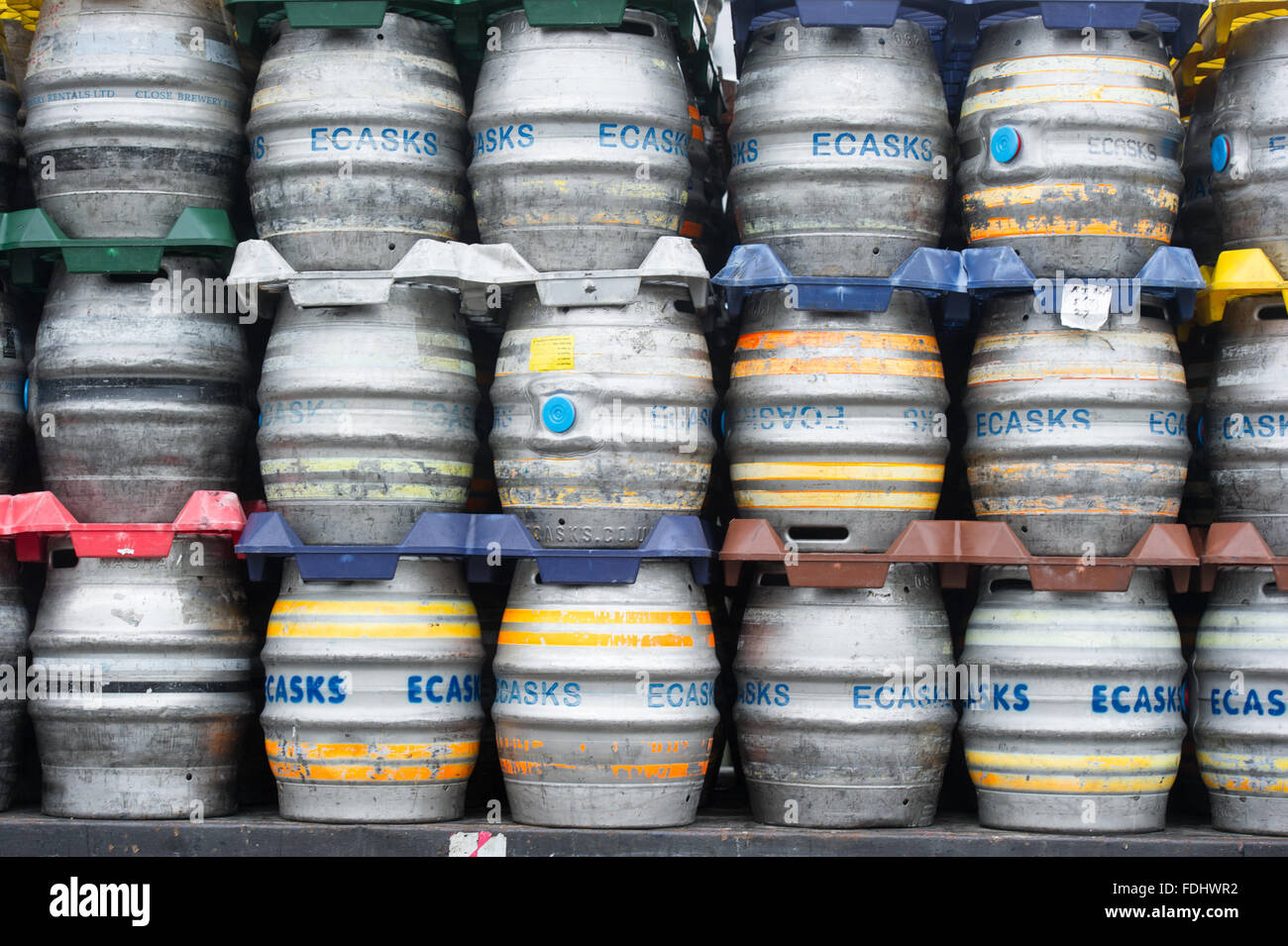 Stacked Kegs at The Black Sheep Brewery in Masham in Yorkshire, England, UK. Stock Photo