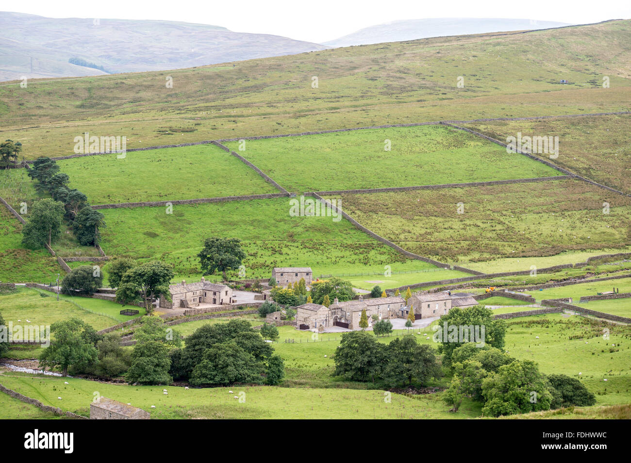 Farm buildings and pastures in the Dales of Yorkshire, England, UK. Stock Photo