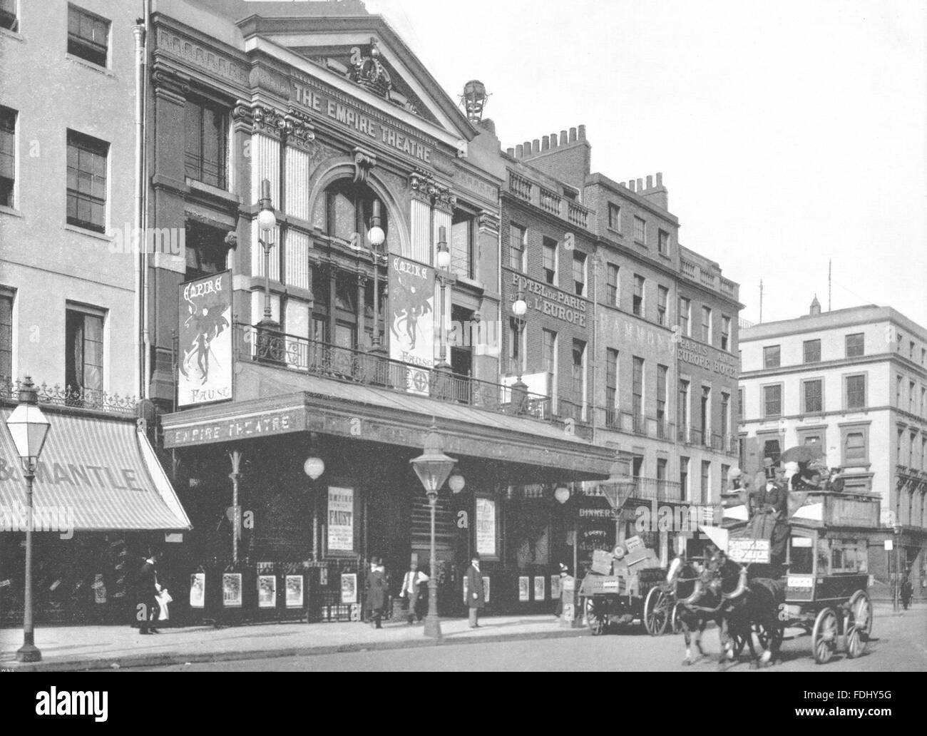 LONDON: Empire Theatre- From the Coventry Street corner of the Gardens, 1896 Stock Photo