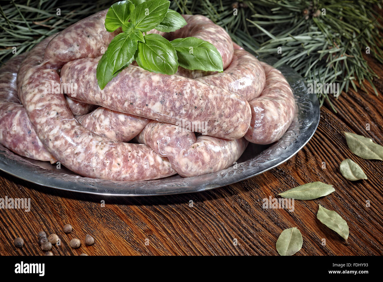 White homemade sausage prepared for the family Stock Photo