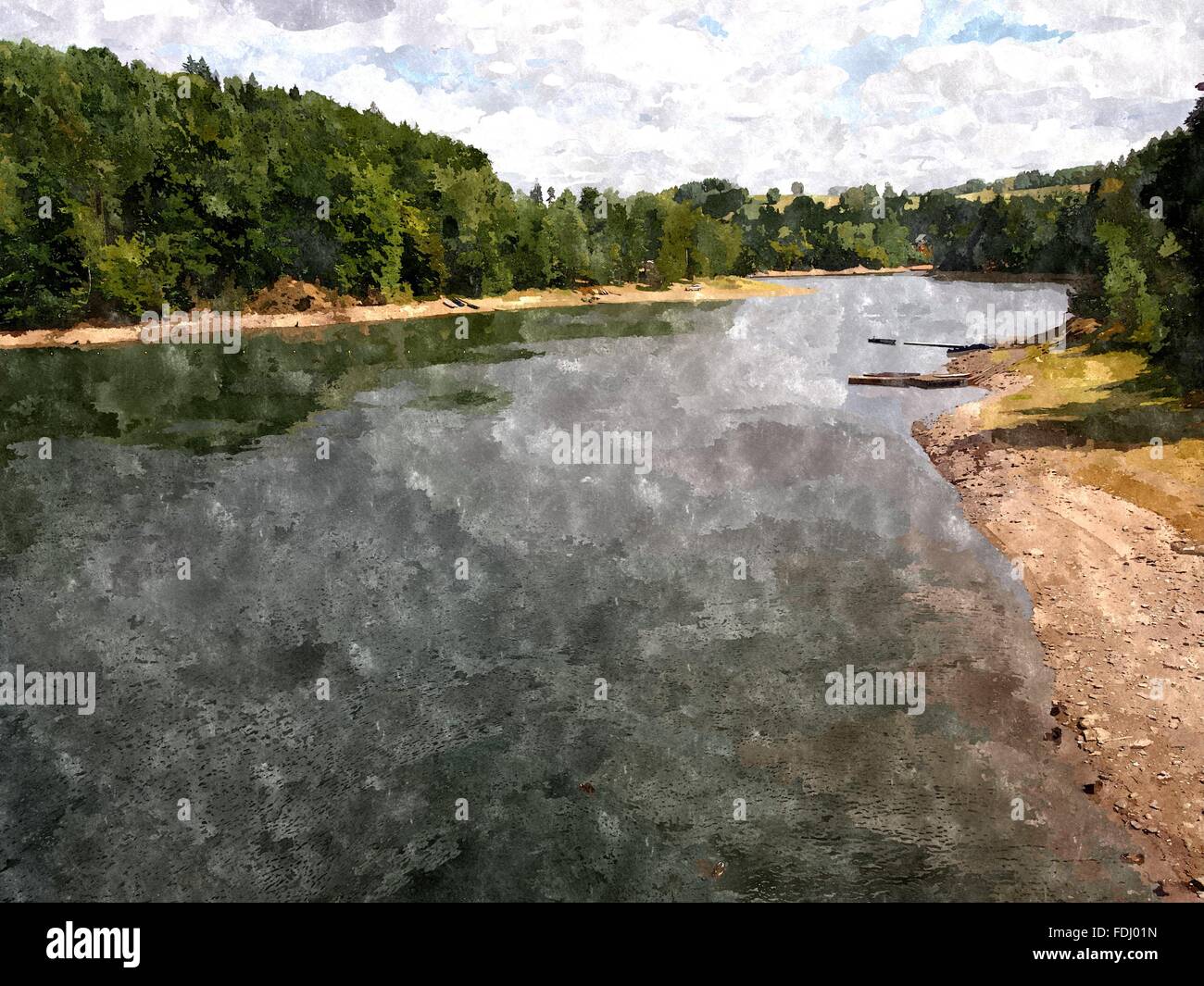 Abstract watercolor landscape painting with river, forest and sky Stock  Photo - Alamy, image size:1300x1065