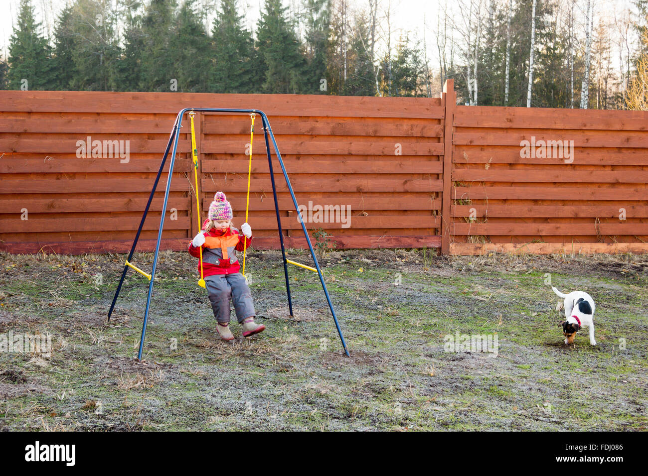 little girl on a swing in the late autumn Stock Photo - Alamy