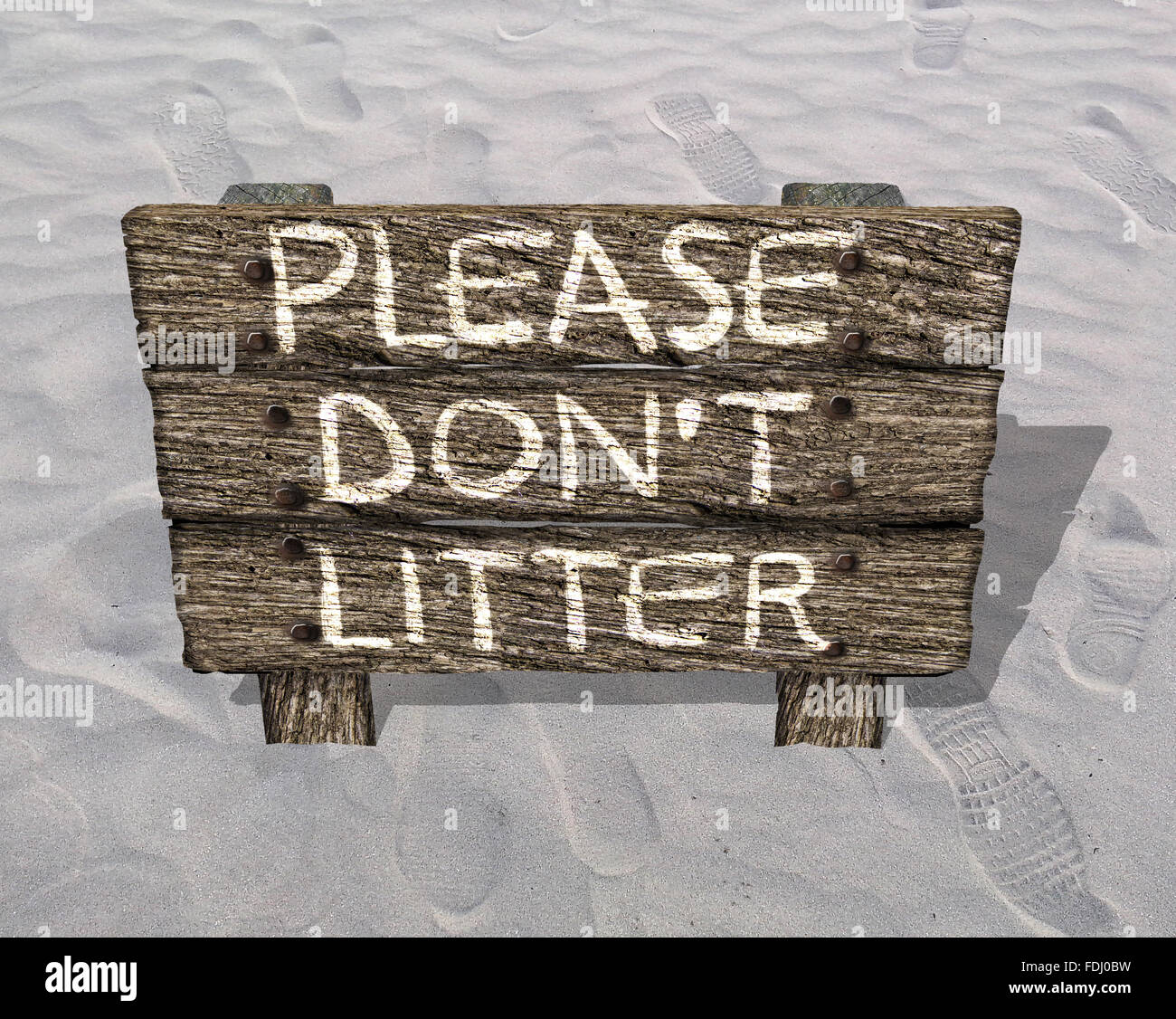 Please Do Not Litter Old Wooden Sign On the Beach Stock Photo