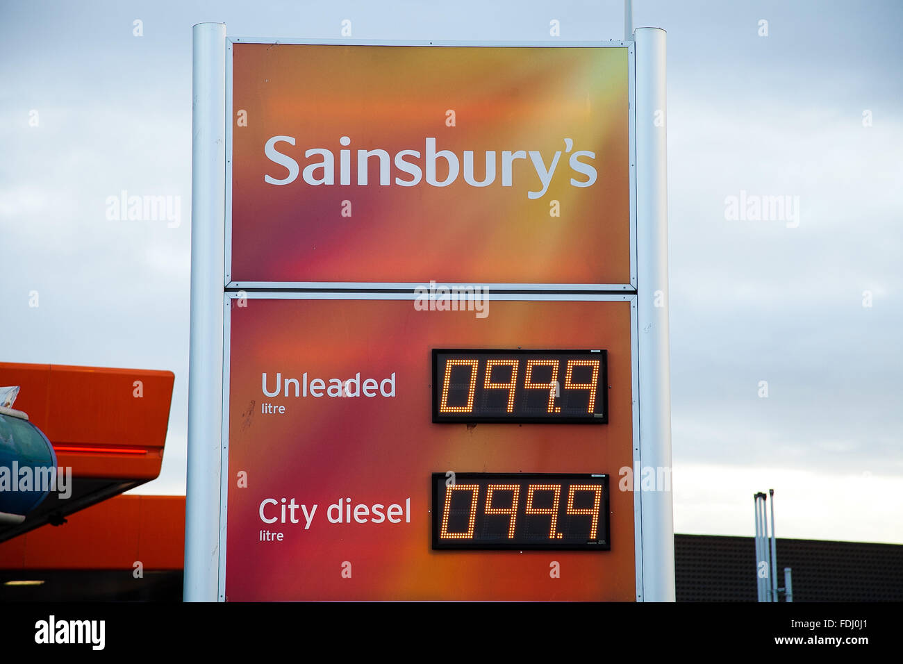 Supermarket giant, Sainsburys selling diesel and unleaded petrol for less than £1 per litre. Stock Photo
