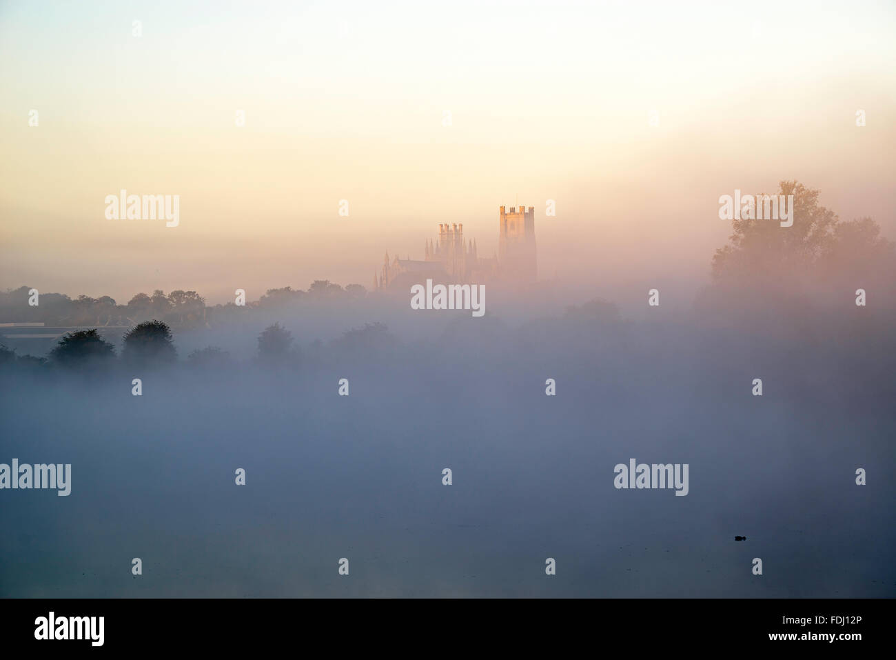 Ely Cathedral emerges from the autumnal mist Stock Photo
