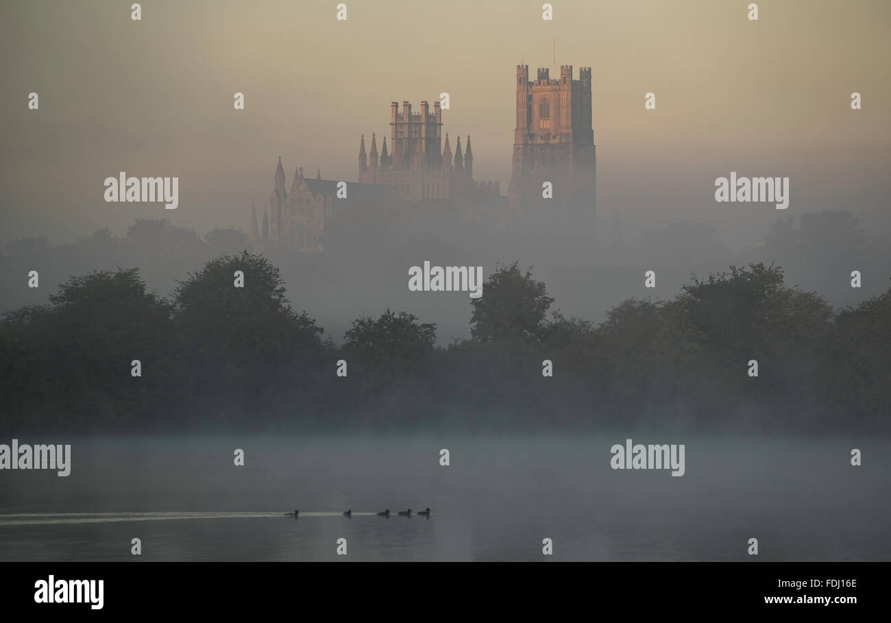 Misty dawn reveals Ely Cathedral Stock Photo
