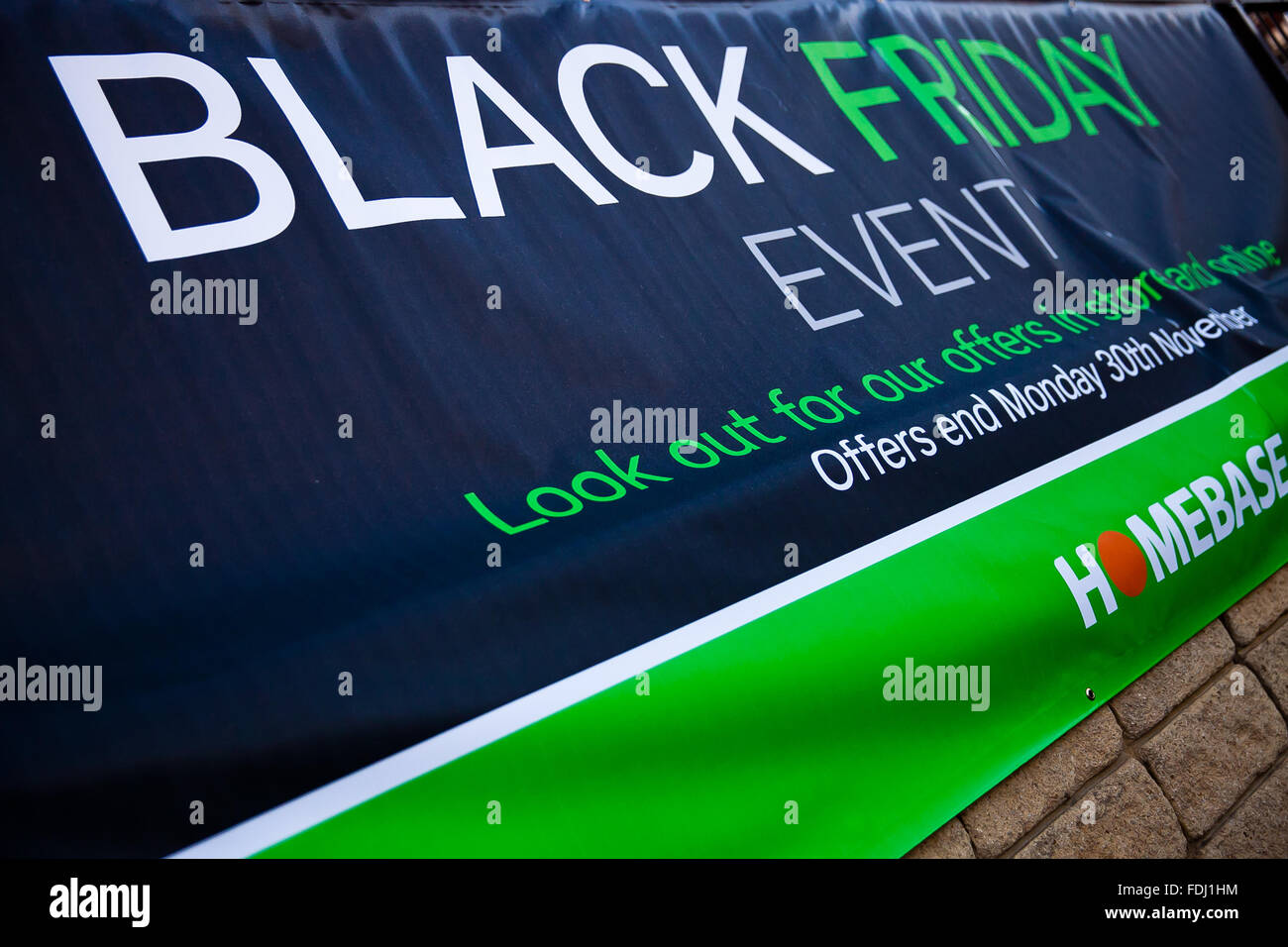 London, UK. 27th November, 2015. Black Friday banner outside Homebase in North London Stock Photo