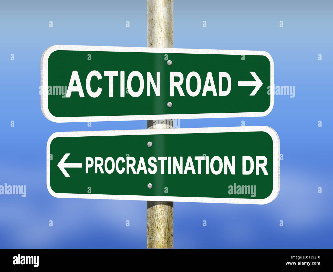 Action versus Procrastination road signs Stock Photo