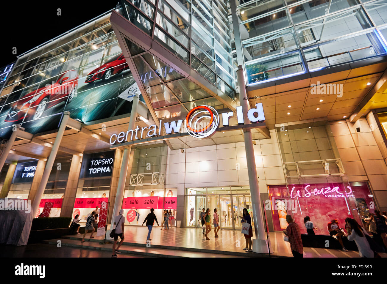 CentralWorld Shopping Plaza illuminated at night. Bangkok, Thailand. Stock Photo