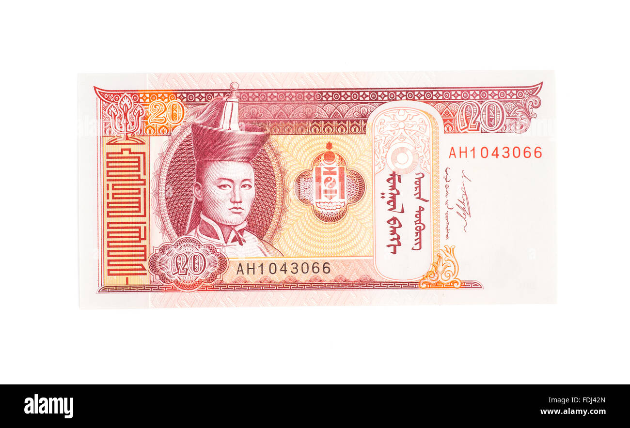 20 Togrog bill of Mongolia money isolated on white Stock Photo