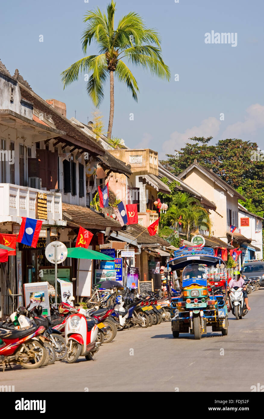 The main street, Sisavangvong Road in Luang Prabang, Laos Stock Photo