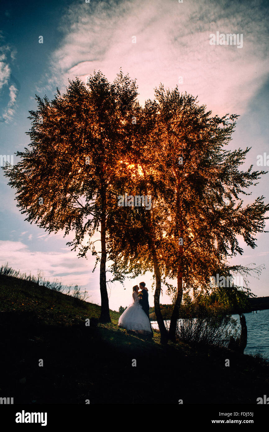 young bride and groom on the background of the lake Stock Photo - Alamy