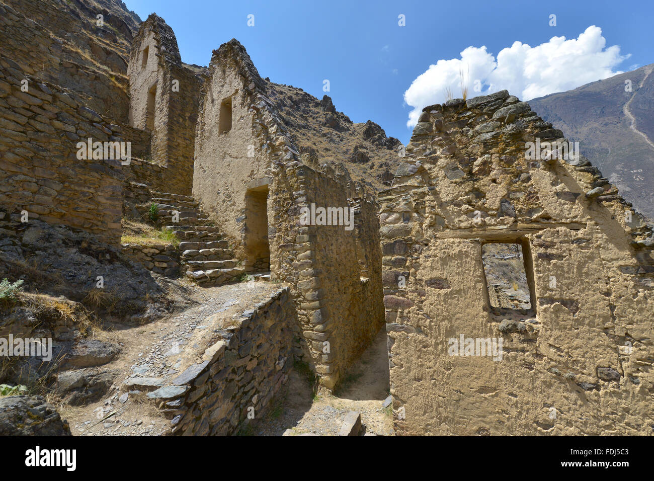 Peru, Ollantaytambo, Pinkulluna Inca ruins in the Sacred Valley in Peru. Stock Photo