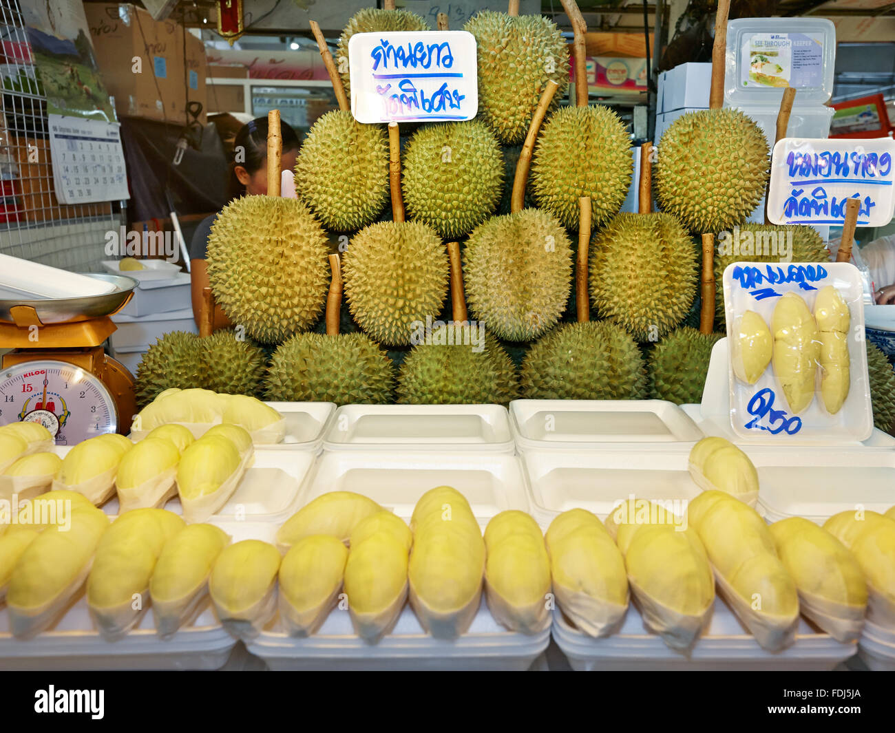 Durians for sale at the Or Tor Kor (OTK) Fresh Market. Bangkok