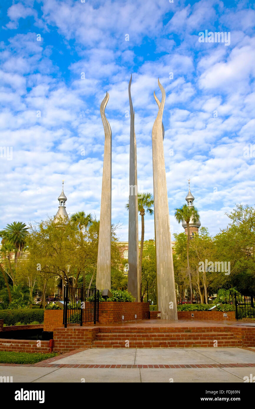 Sticks of Fire monument in Plants Park located on grounds of the University of Tampa. Minerettes of the Tampa Bay Hotel  tampa Stock Photo