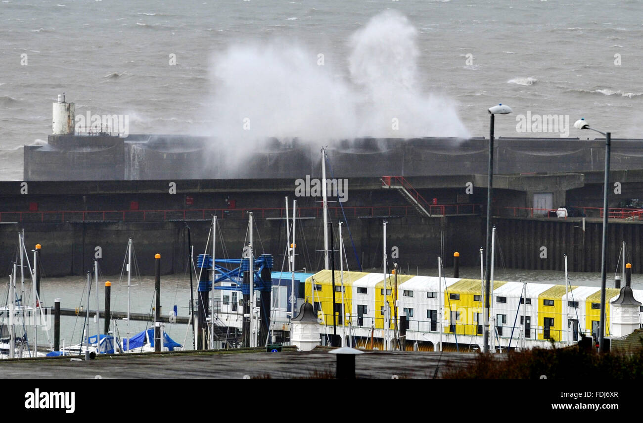 Brighton, UK. 1st February, 2016. Waves crash over Brighton Marina this
