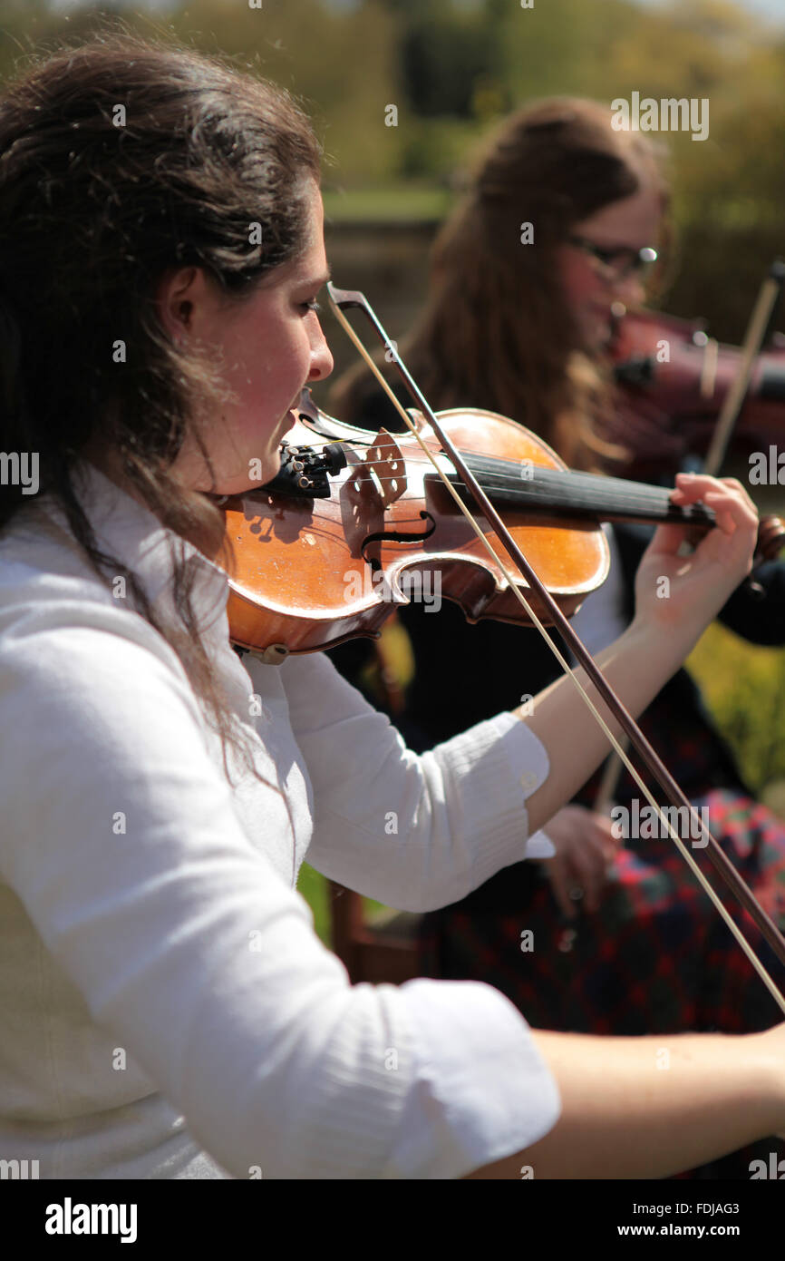 Girls playing violins at a wedding Stock Photo