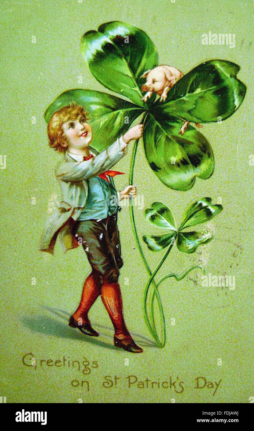 St Patrick's Day Vintage Postcard Little Girl with Green Shamrocks Night Light 