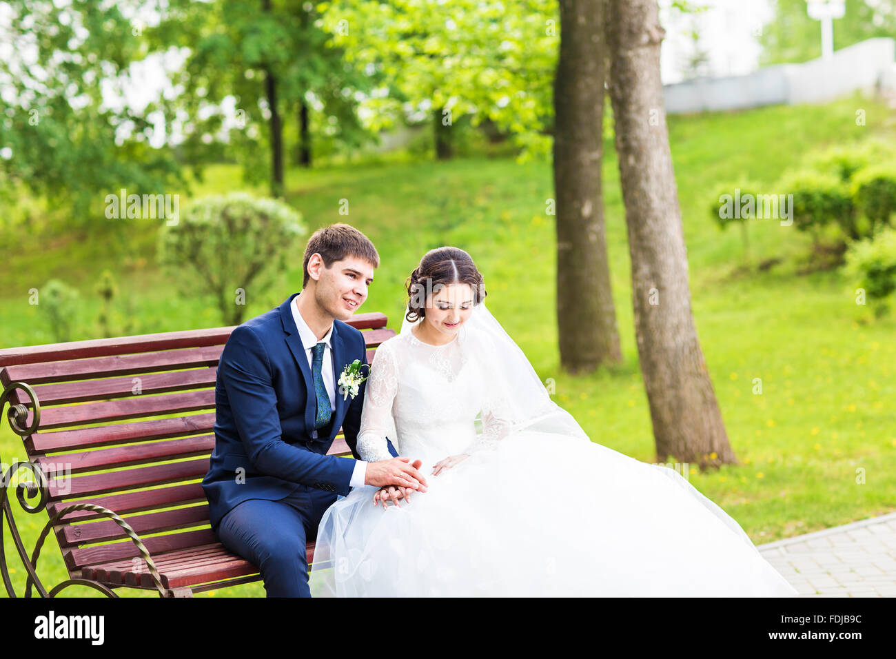 Portrait of a happy bride sitting on a bench with the groom Stock Photo ...