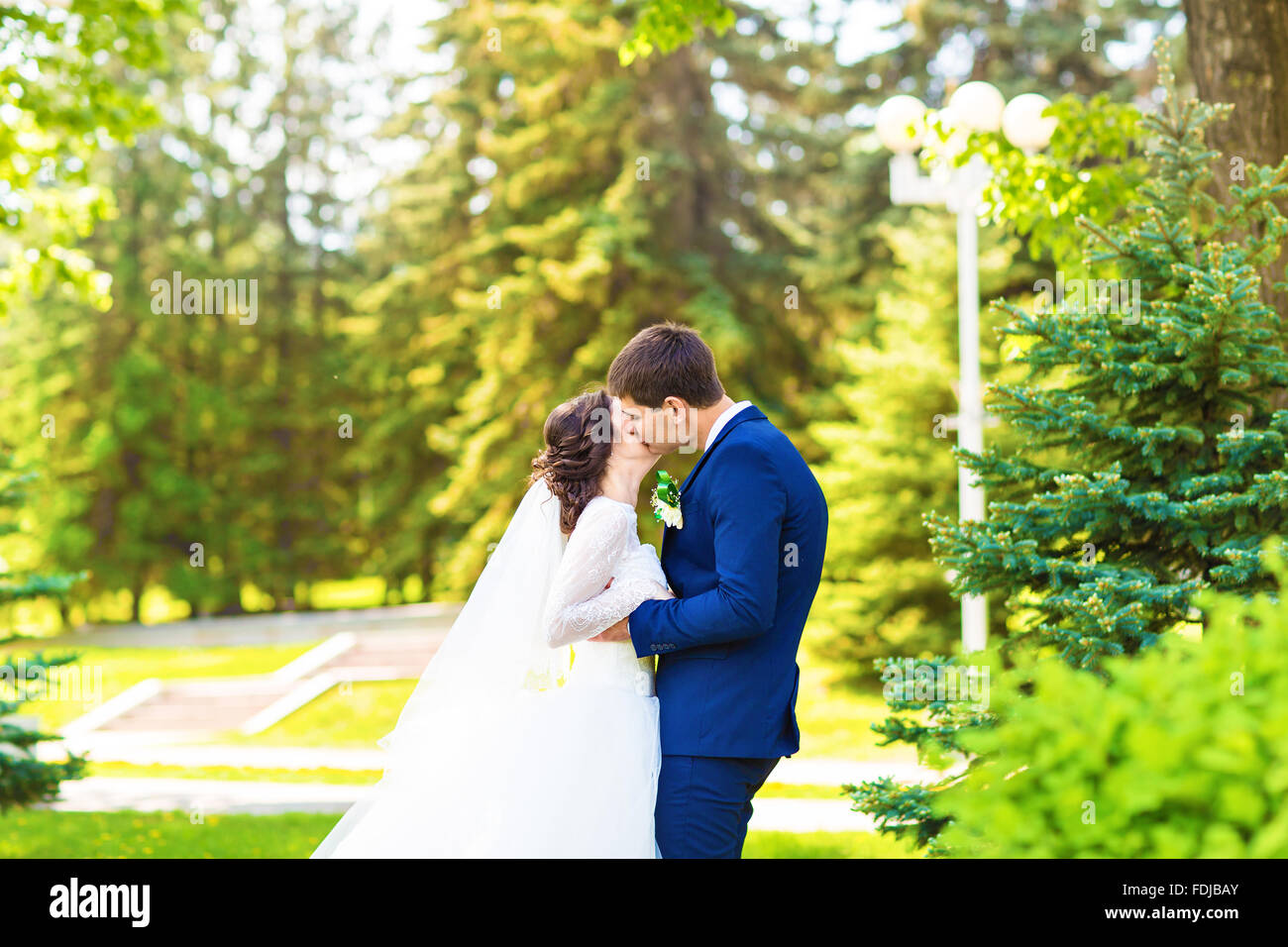 European bride and groom kissing in the park Stock Photo - Alamy