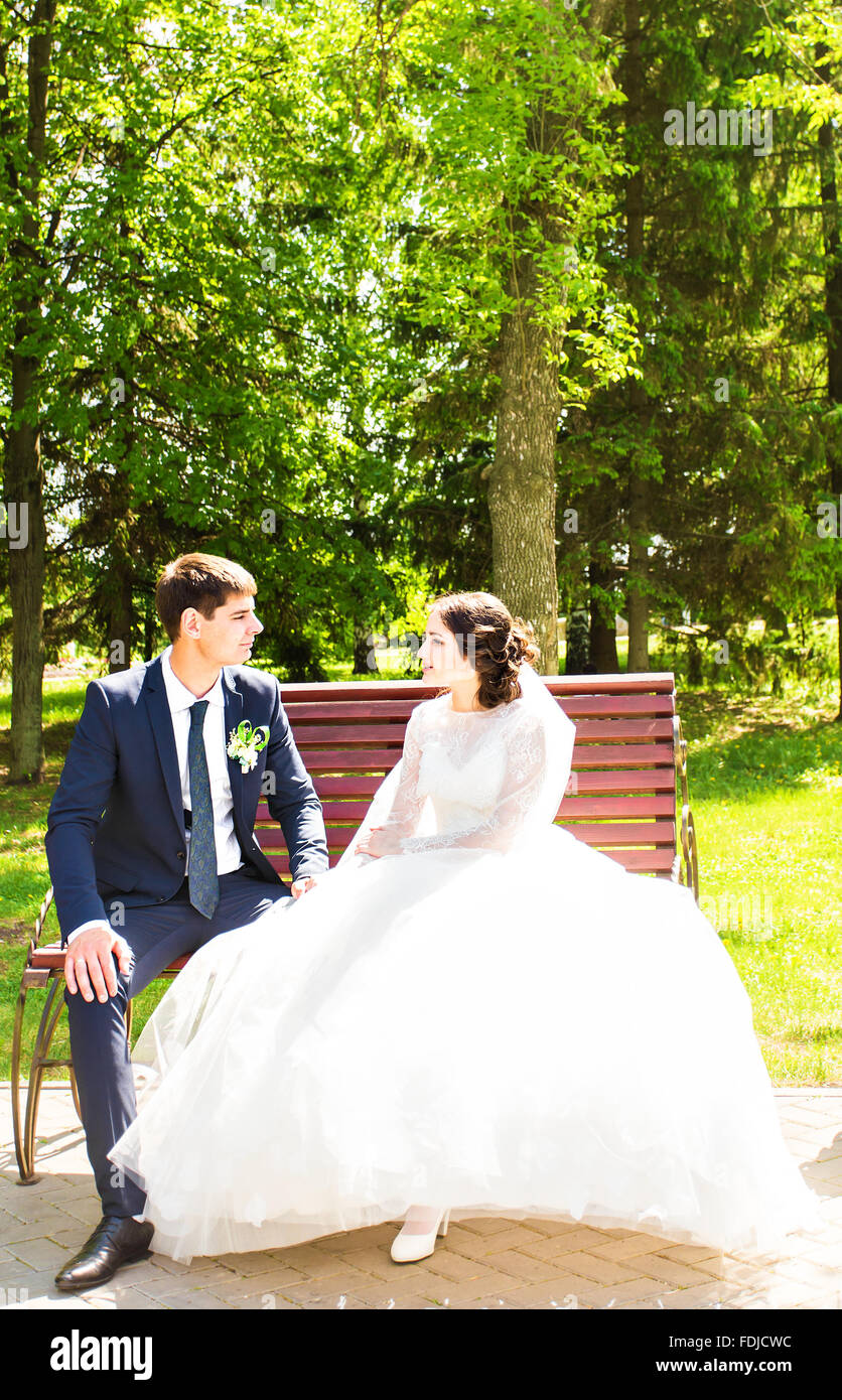 Portrait of a happy bride sitting on a bench with the groom Stock Photo ...