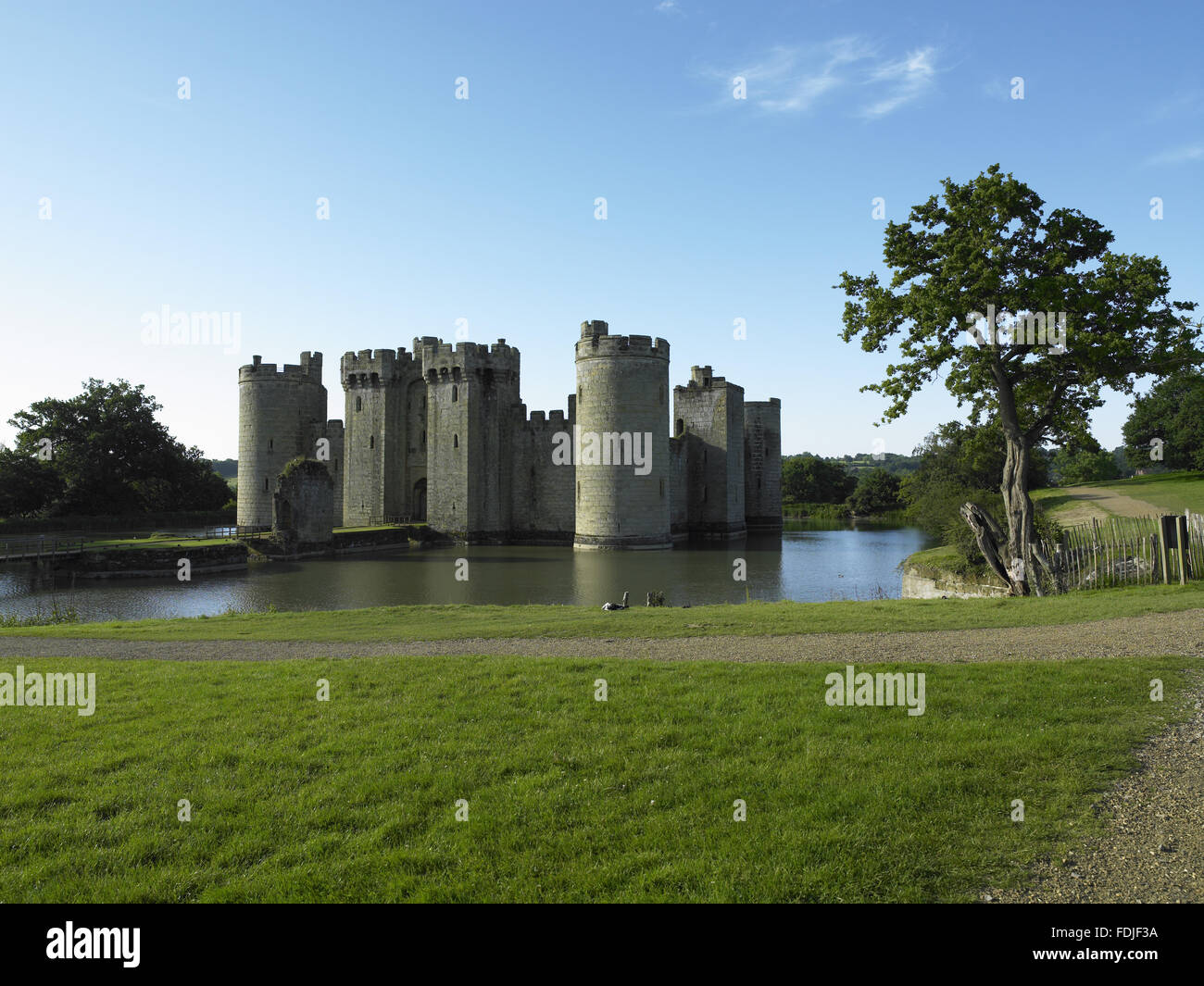 Bodiam Castle, East Sussex, built between 1385 and 1388. The castle replaced Sir Edward Dalyngrigge's manor house during the Hundred Years War when the French were able to attack across the Channel, and could reach Bodiam via the River Rother. Stock Photo