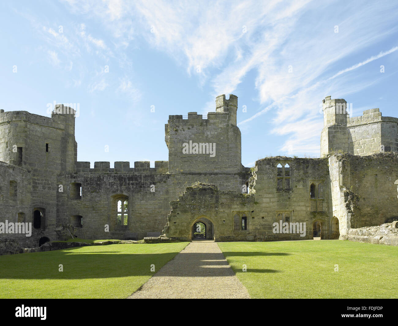 View towards the South Range and Great Hall, now in ruins, at Bodiam Castle, East Sussex, built between 1385 and 1388. Sir Edward Dalyngrigge and his guests would have dined on a raised dais at the east end, next to the large window. Stock Photo