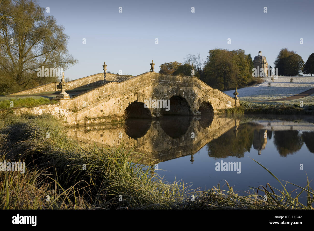 The Oxford Bridge on a frosty day at Stowe Landscape Gardens, Buckinghamshire. Stock Photo