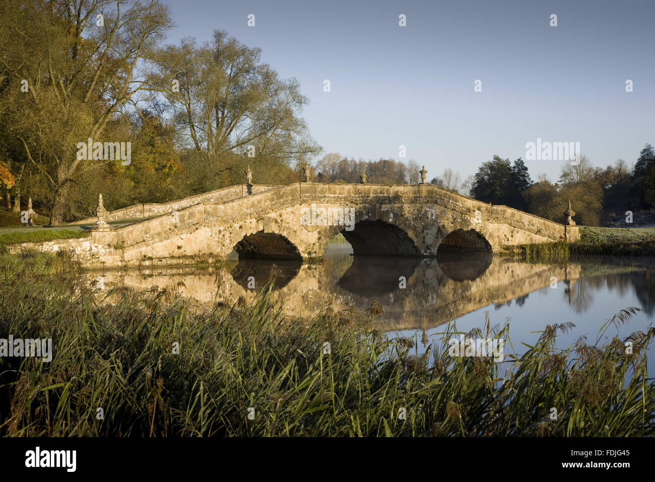 The Oxford Bridge on a frosty day at Stowe Landscape Gardens, Buckinghamshire. Stock Photo