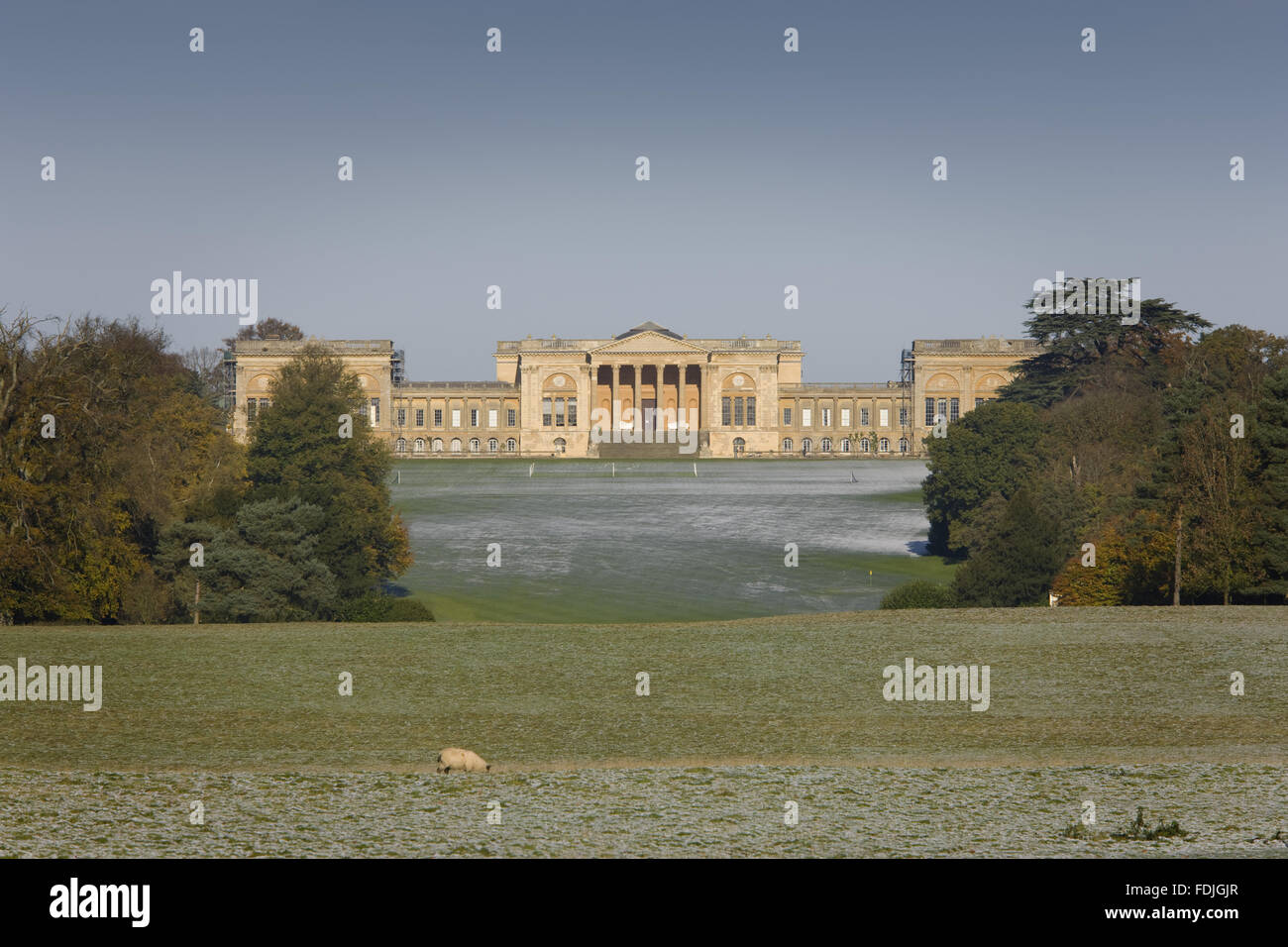View towards the south front of the house, now used as a school, remodelled in the eighteenth century at Stowe Landscape Gardens, Buckinghamshire. Image shows property that is NOT National Trust owned Stock Photo