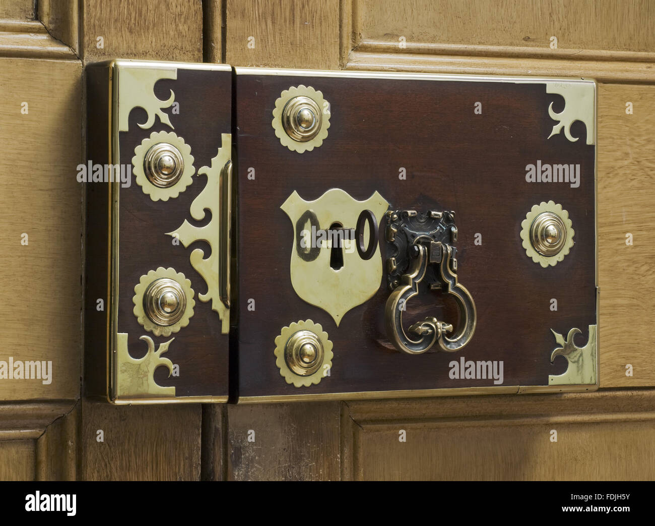 Mahogany door lock trimmed in brass with brass roundels and escutcheon