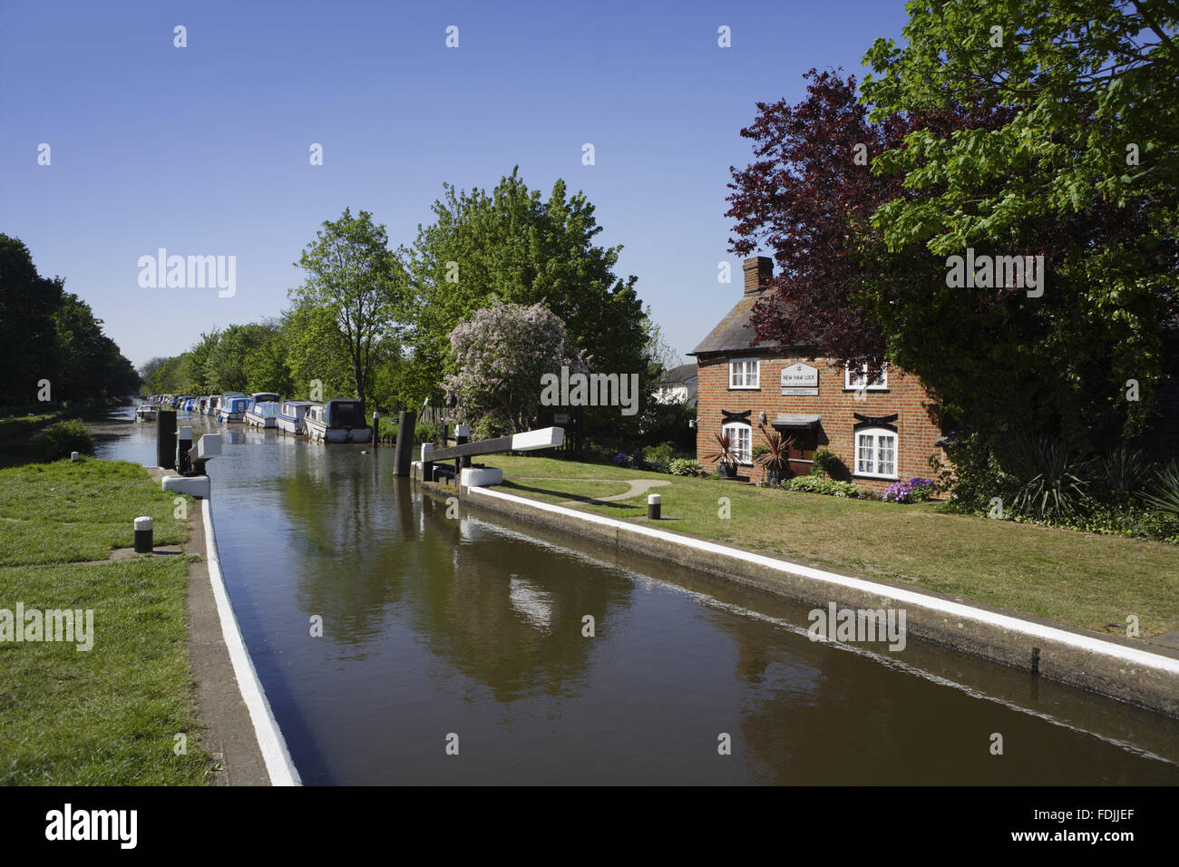 New Haw Lock and the keeper's cottage on the River Wey Navigations, Surrey. Stock Photo