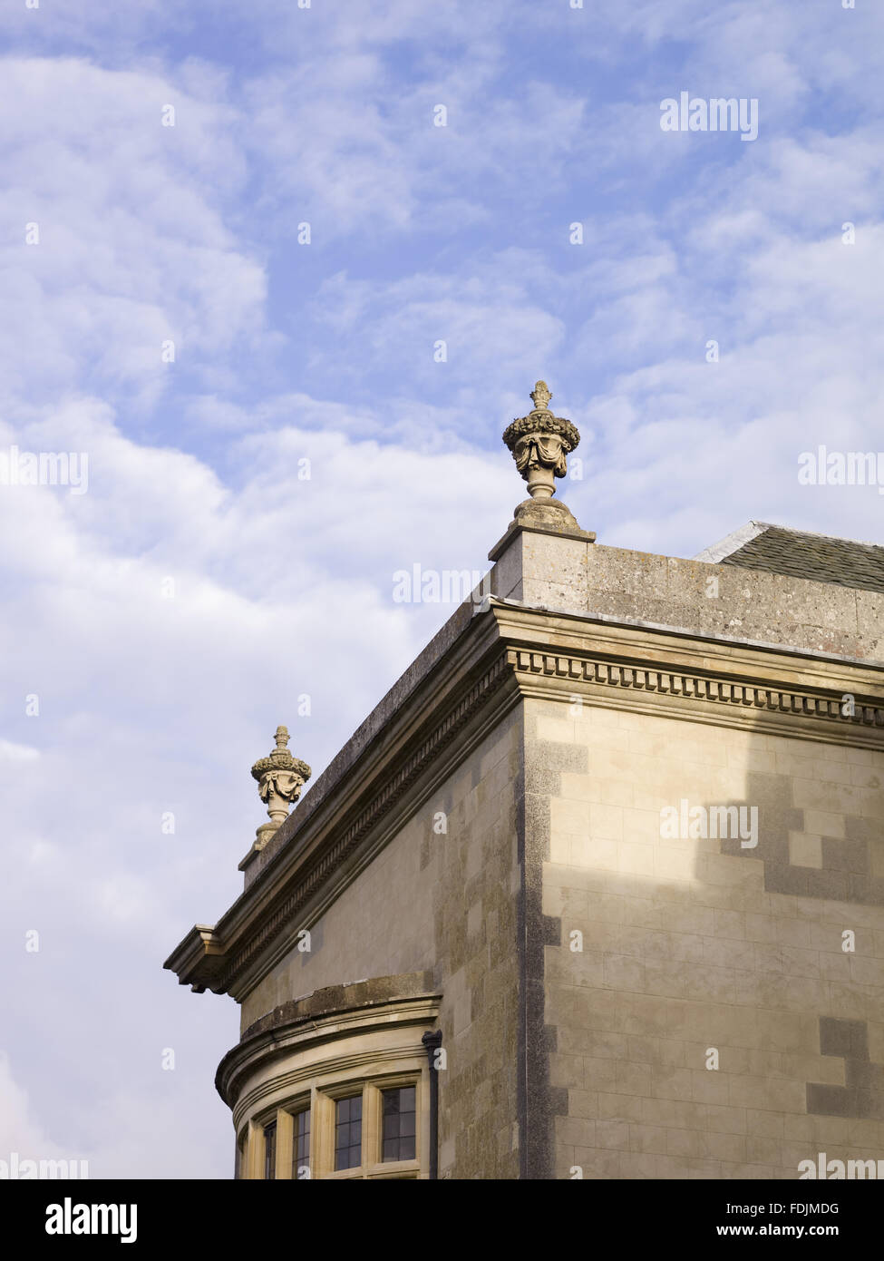 Exterior detail of the roofline at Hartwell House, a historic house hotel in Buckinghamshire. The original building is Jacobean but was remodelled in the eighteenth century and is now Grade-I-listed. Stock Photo