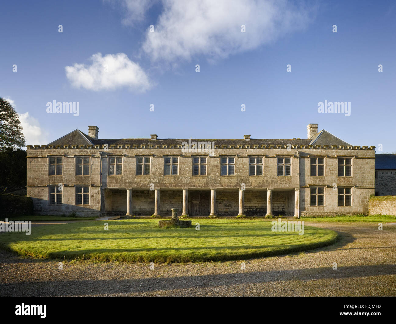 The north front with the portico of Godolphin House, once the home of Queen Anne's Lord High Treasurer, Sidney Godolphin, near Helston, Cornwall. The original fortified house was replaced in the fifteenth-century and later additions made it the finest hou Stock Photo