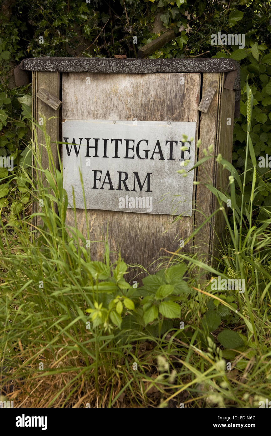 Sign for Whitegate Farm. The Farm has been acquired so that the garden at Sissinghurst Castle can be reconnected with the landscape in the form of creating a modern, organic, mixed Wealden farm, much as it would have been in 1930 when the Nicolsons bought Stock Photo