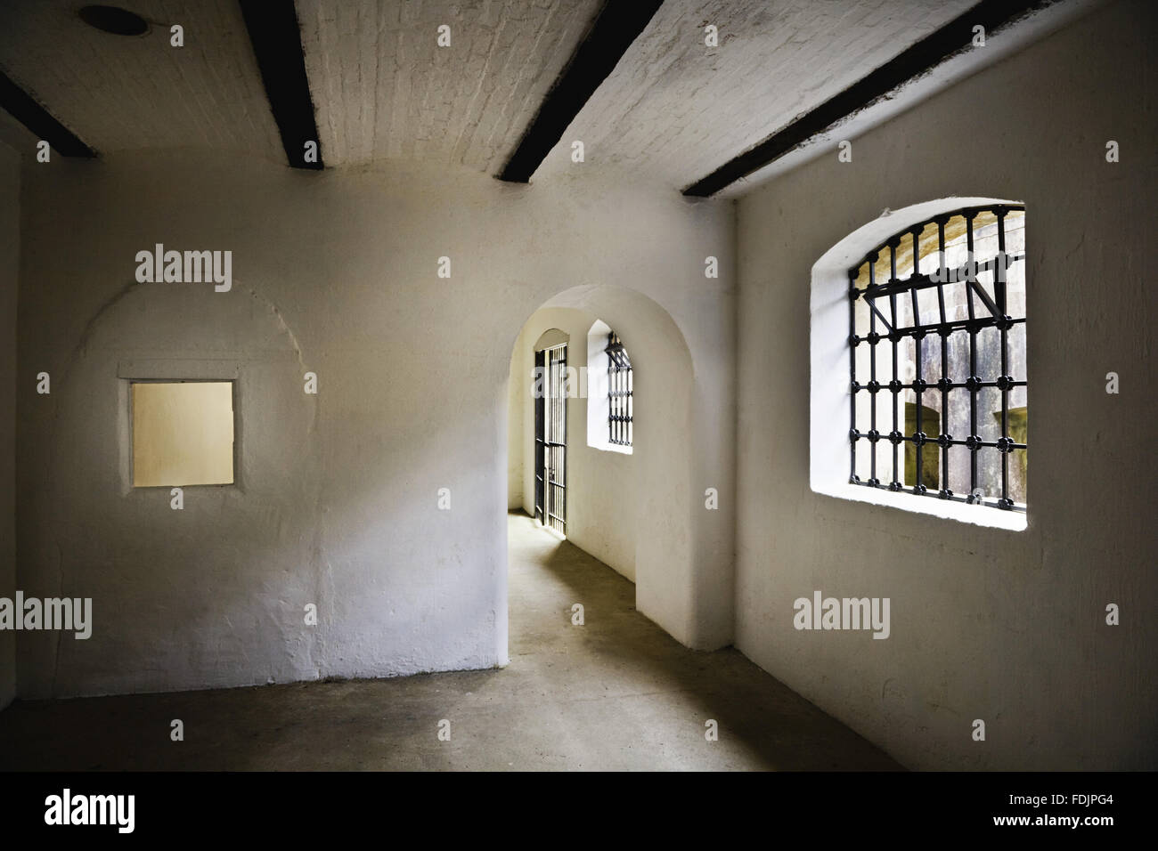 Casemates used as war offices or to shelter troops at Reigate Fort, Surrey. Built in 1898, the fort is one of thirteen mobilisation centres established to protect London from invasion. The site's main function was as a store for the guns, small-arms ammun Stock Photo