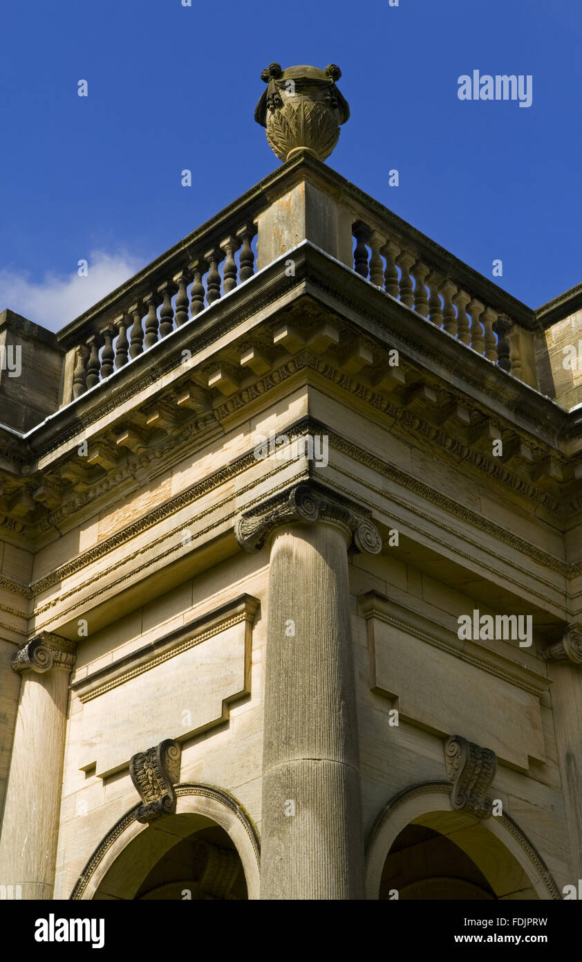 Architectural detail on the Palladian Chapel, begun in 1760 to the design of James Paine, at Gibside, Newcastle upon Tyne. George Bowes inherited the estate in 1722 and landscaped the grounds around Gibside Hall. Stock Photo