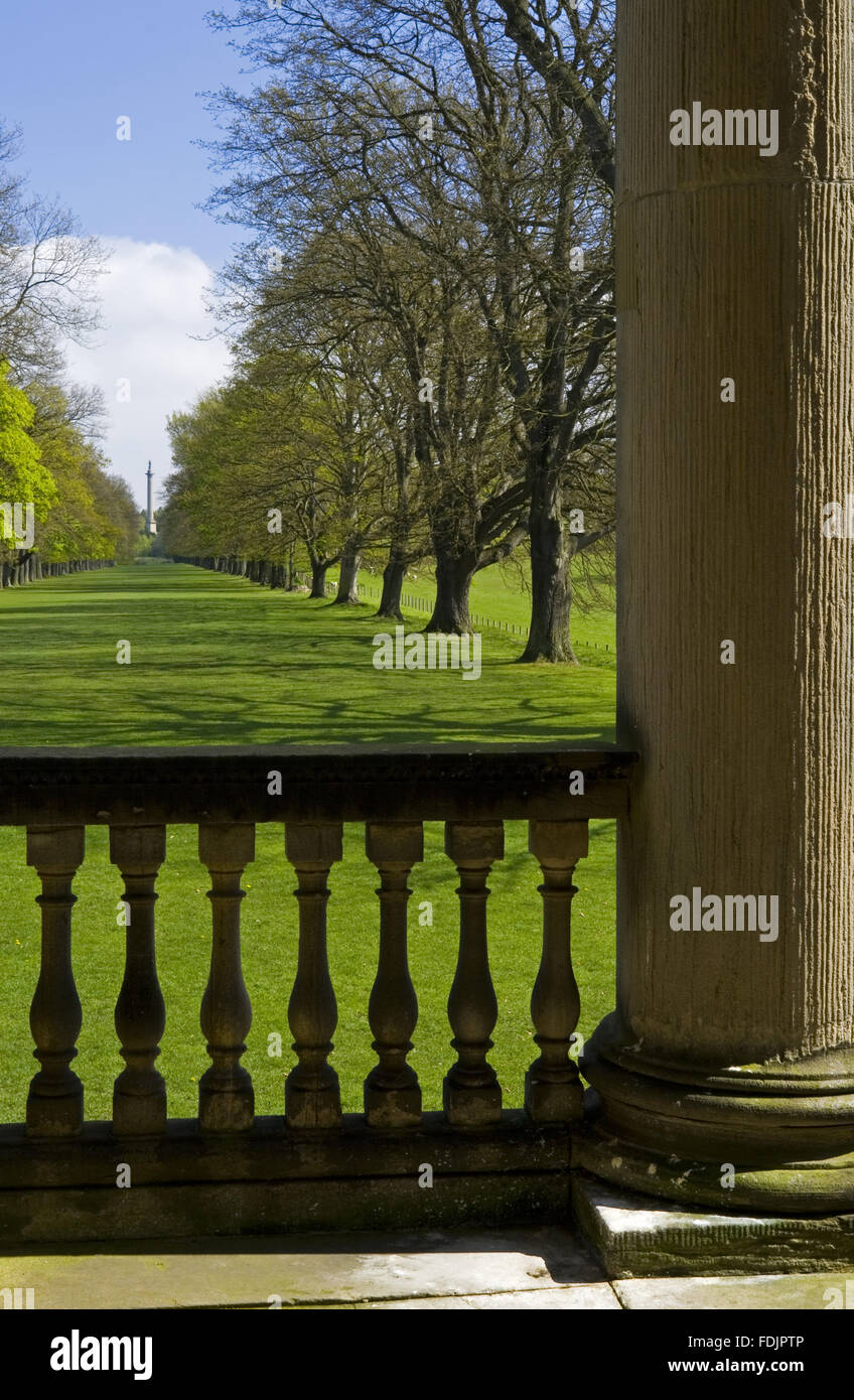 View down the Long Walk or Avenue of oak trees from the Chapel at Gibside, Newcastle upon Tyne. George Bowes inherited the estate in 1722 and landscaped the grounds around Gibside Hall. Stock Photo