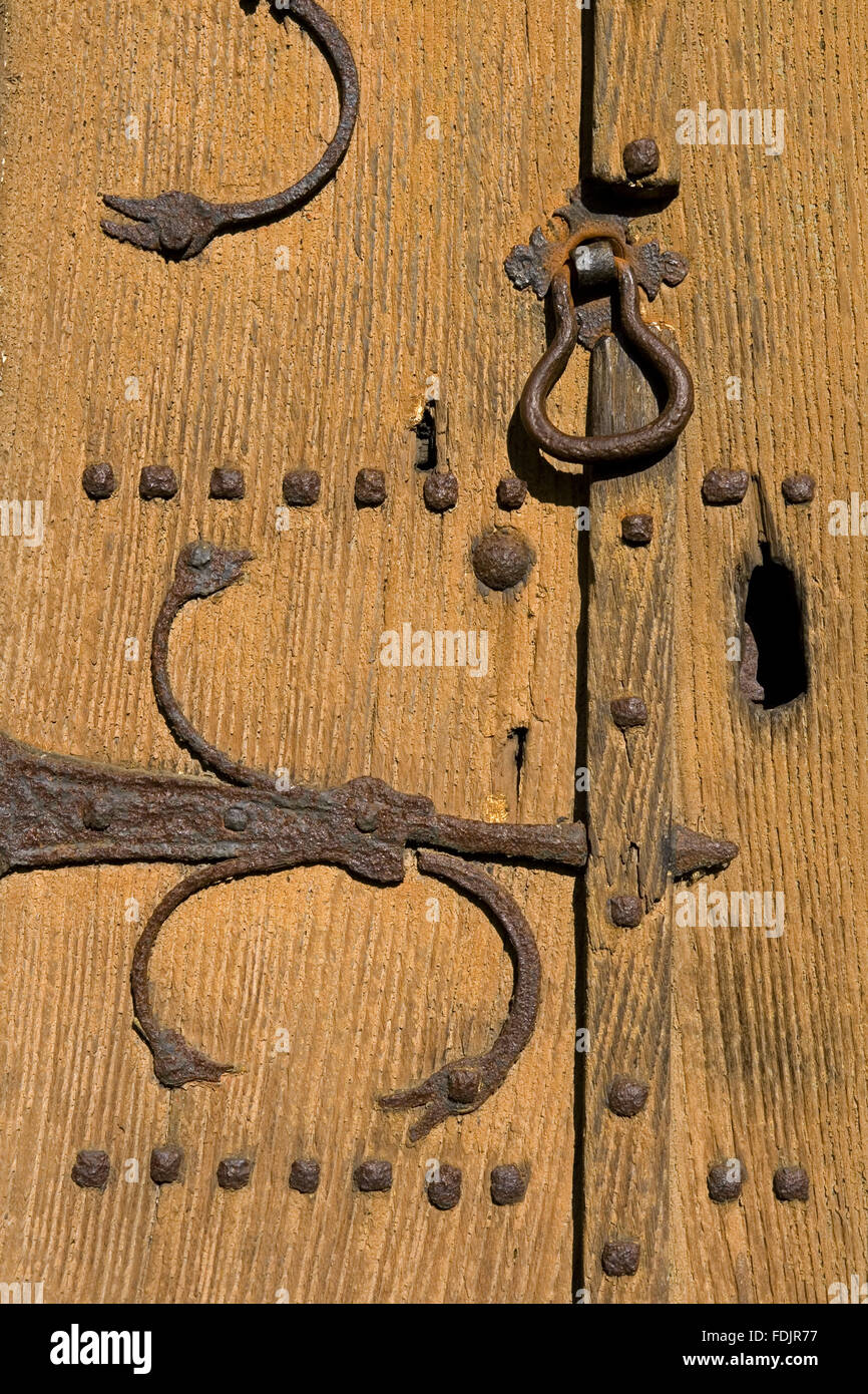 Detail of a seventeenth-century door at All Saints Church (not NT) at Kedleston Hall, Derbyshire. All Saints Church is under the care of the Churches Conservation Trust. Stock Photo