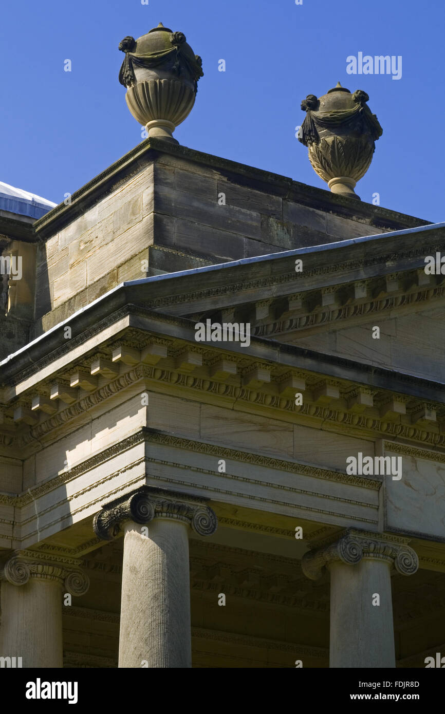 Ornamental urns on the portico of the Palladian Chapel, begun in 1760 to the design of James Paine, at Gibside, Newcastle upon Tyne. Stock Photo
