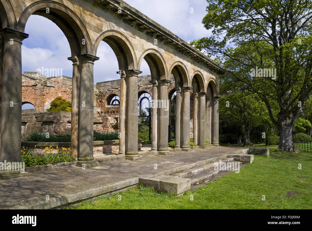The Tuscan columns and arched arcade of the Orangery, which was begun in 1772 to a design attributed to James Paine, at Gibside, Newcastle upon Tyne. George Bowes inherited the estate in 1722 and landscaped the grounds and created buildings around Gibside Stock Photo