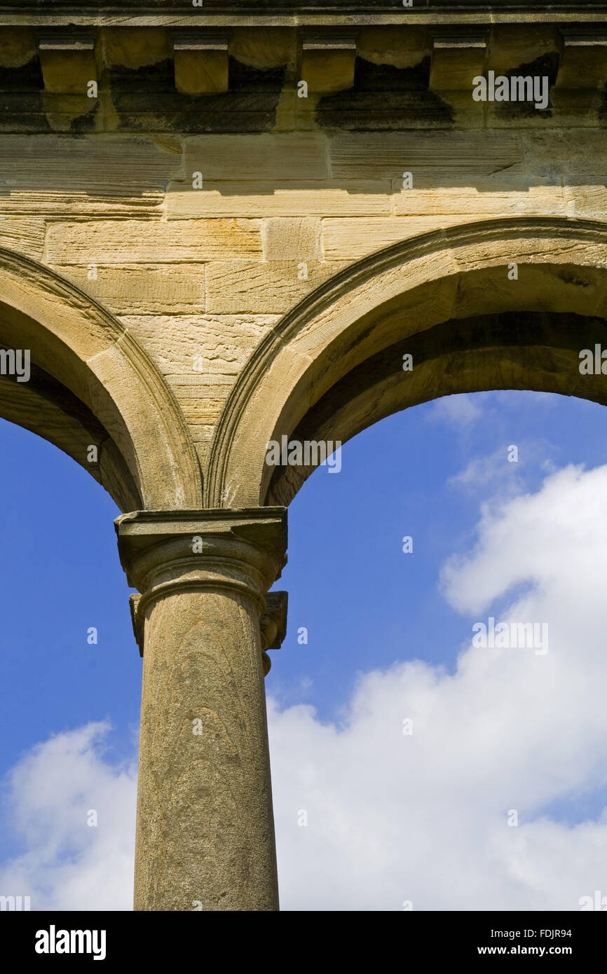 Detail of the Tuscan columns and arched arcade of the Orangery, which was begun in 1772 to a design attributed to James Paine, at Gibside, Newcastle upon Tyne. George Bowes inherited the estate in 1722 and landscaped the grounds and created buildings arou Stock Photo