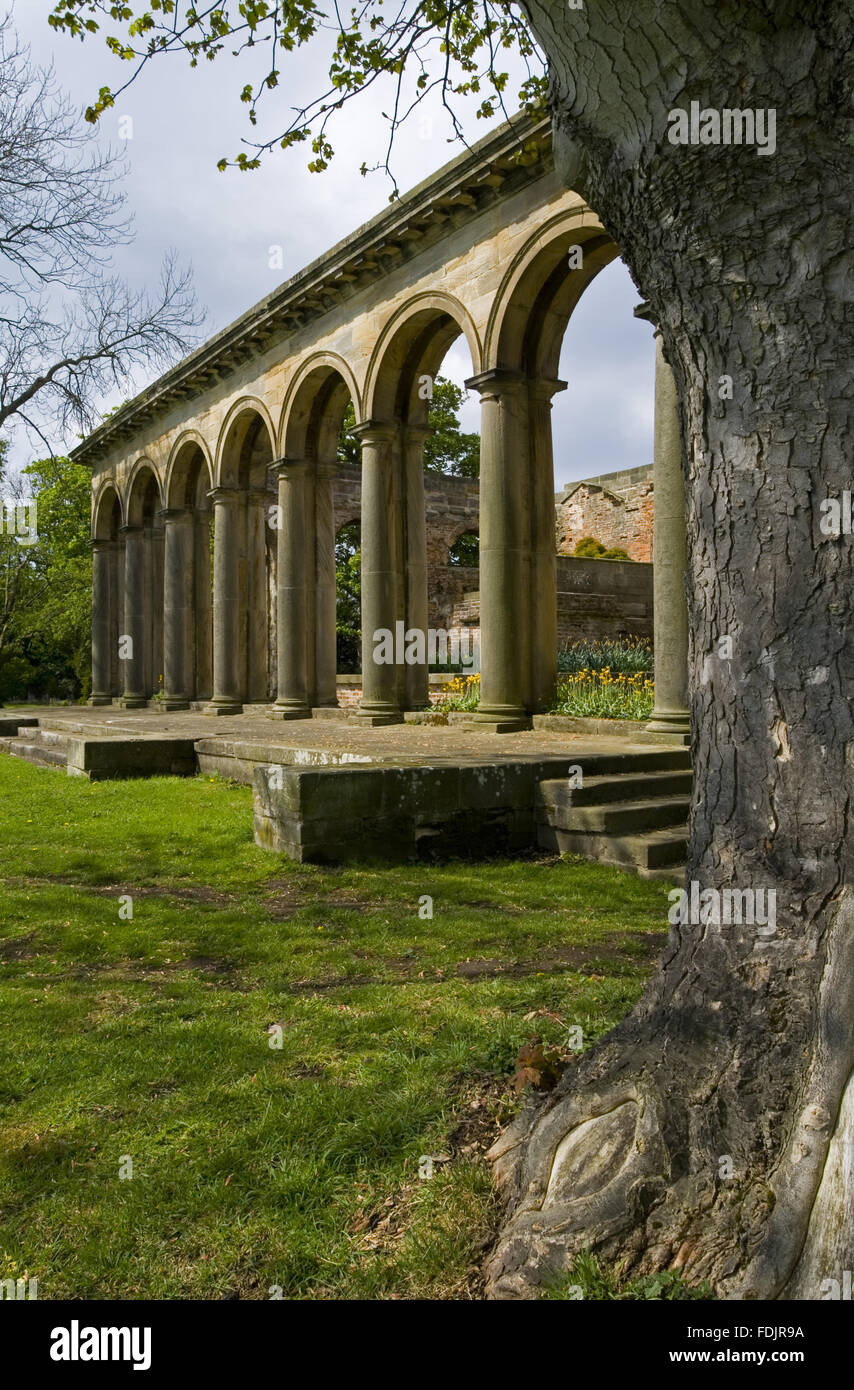 The Tuscan columns of the Orangery, which was begun in 1772 to a design attributed to James Paine, at Gibside, Newcastle upon Tyne. George Bowes inherited the estate in 1722 and landscaped the grounds and created buildings around Gibside Hall. Stock Photo